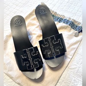 NWOT Tory Burch Ines Black Leather 80mm Wedge w/ Dust Bag -Size 9-authentic